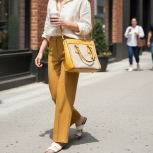 Michael Kors Colette Satchel Sun Cream Canvas Yellow Leather Trim Crossbody